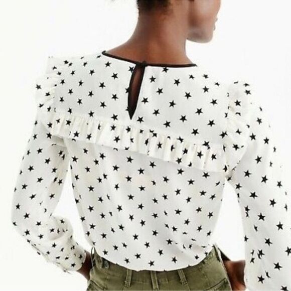 J. Crew Long Sleeve Silk Blouse Top Size 6 Off White Star Printed Ruffle - Picture 3 of 9